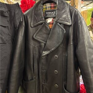 Versace Black Leather Double-Breasted Pea Coat